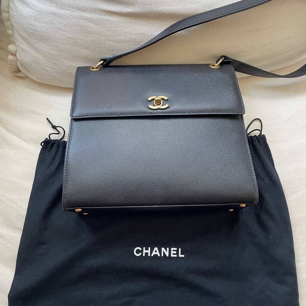 Vintage Chanel Classic Black Shoulder Bag with Gold Accents
